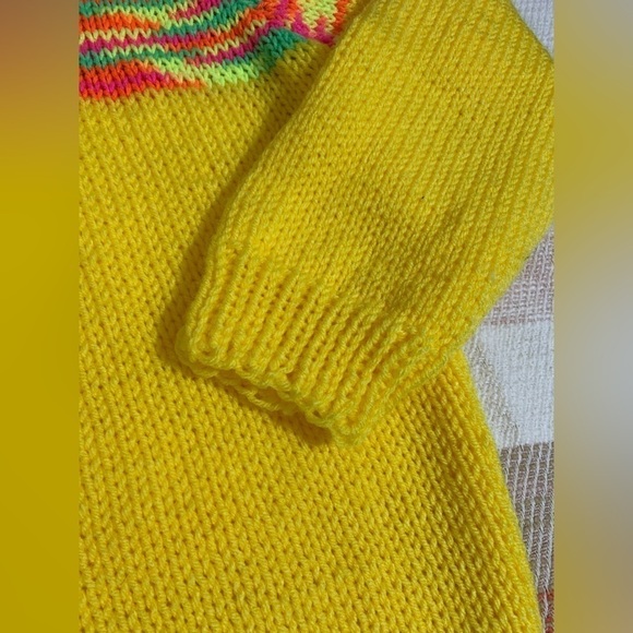 Handmade Knit Yellow Neon Flower Detail Mock Neck Sweater - Picture 5 of 11